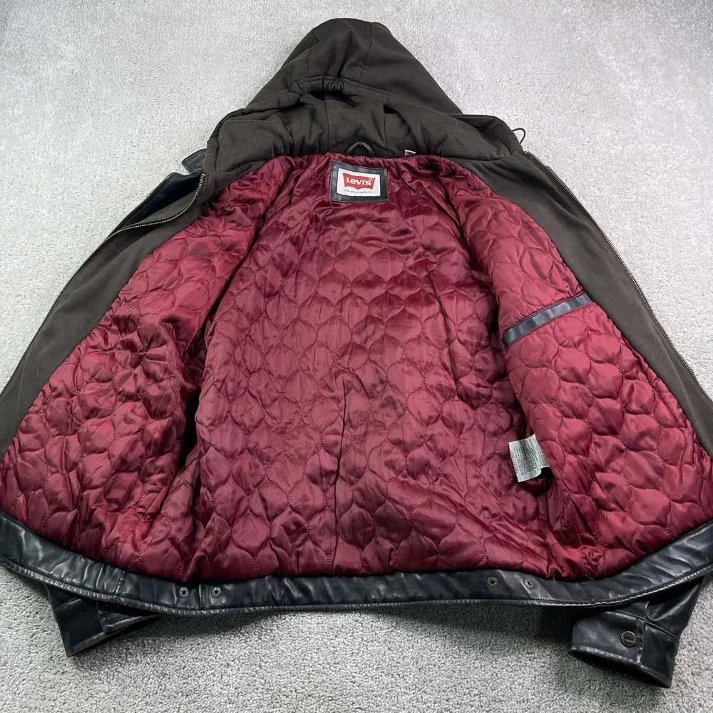 Levis Jacket Mens Large Brown Faux Leather Hooded Moto Biker‎ Quilted Lined Coat